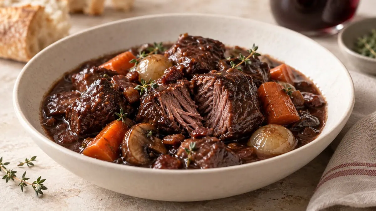 Morceau de bœuf bourguignon ouvert montrant des fibres tendres et encore juteuses