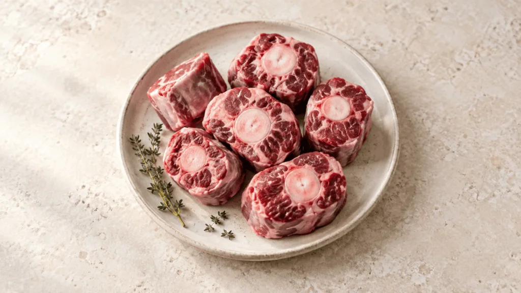 Morceaux de queue de bœuf crus sur une assiette en grès