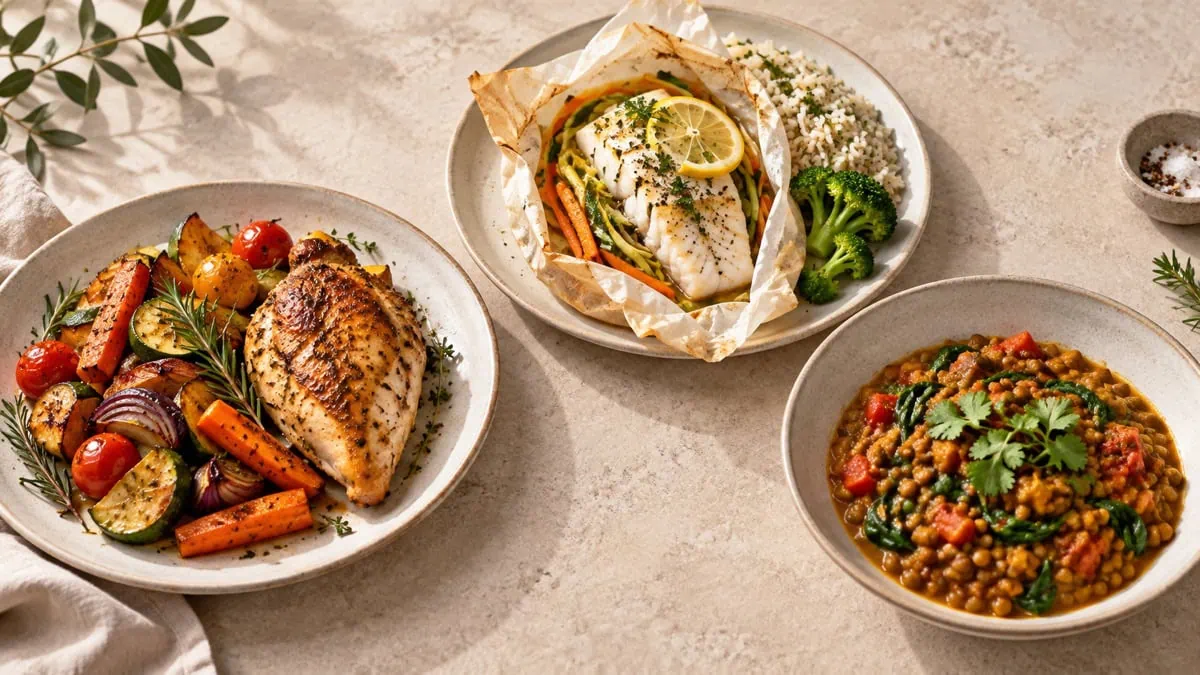 Poulet rôti aux légumes, poisson en papillote et curry de lentilles