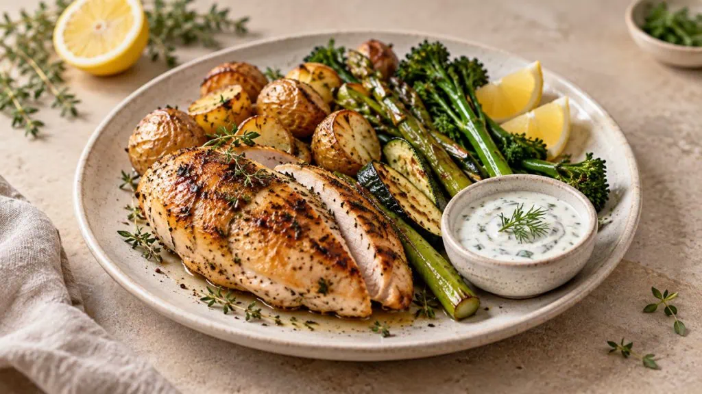 Poulet rôti avec pommes de terre, légumes verts et sauce légère aux herbes