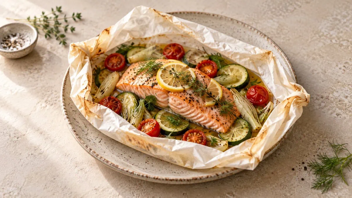 Saumon en papillote avec courgettes, fenouil, tomates et citron