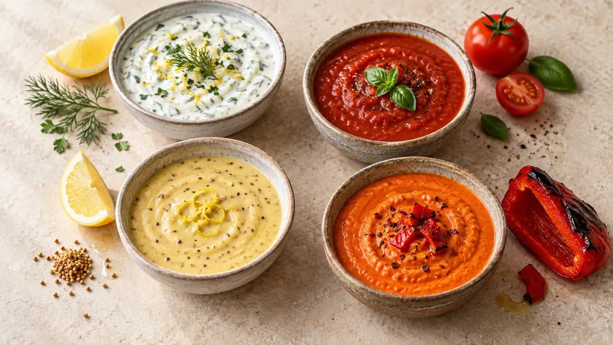 Sauces maison au yaourt, à la tomate, à la moutarde et au poivron rôti