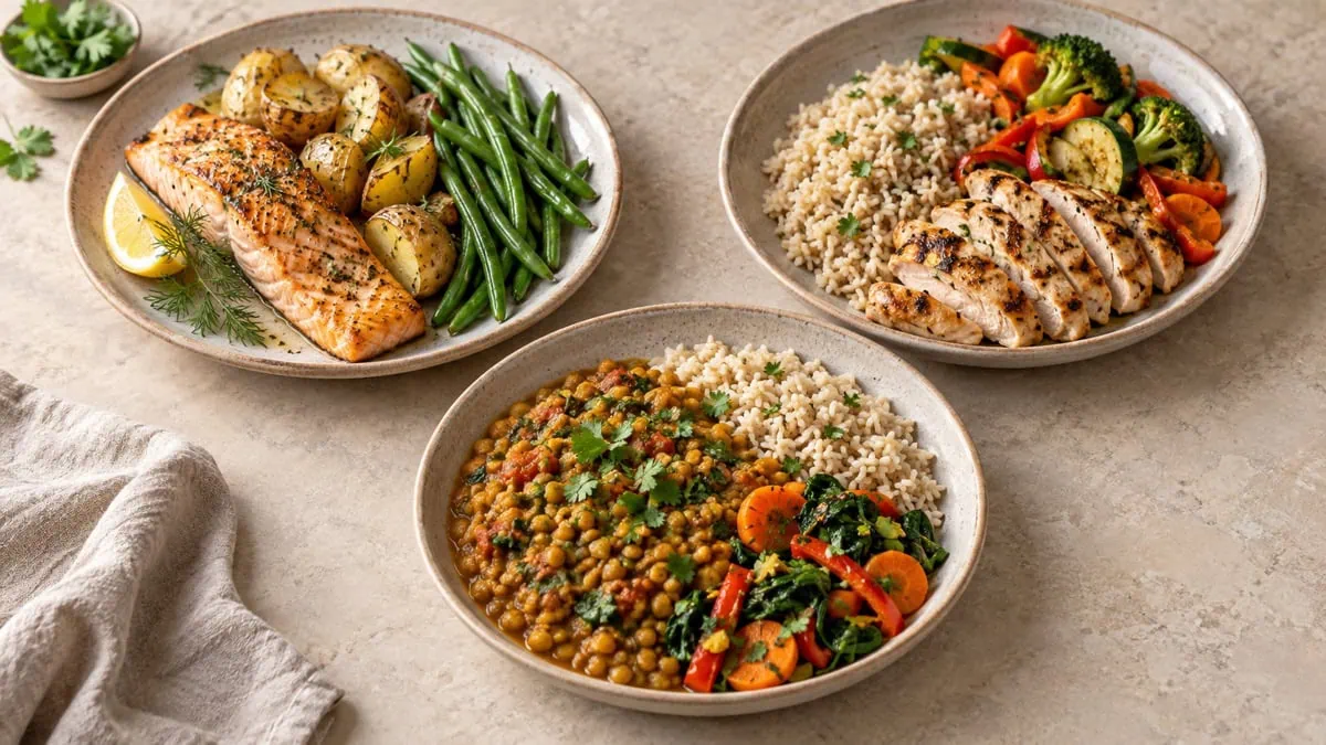 Repas de saumon, poulet et curry de lentilles avec légumes et féculents