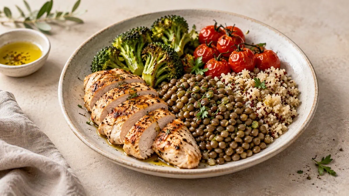 Assiette de poulet grillé, lentilles, quinoa, brocoli et tomates rôties
