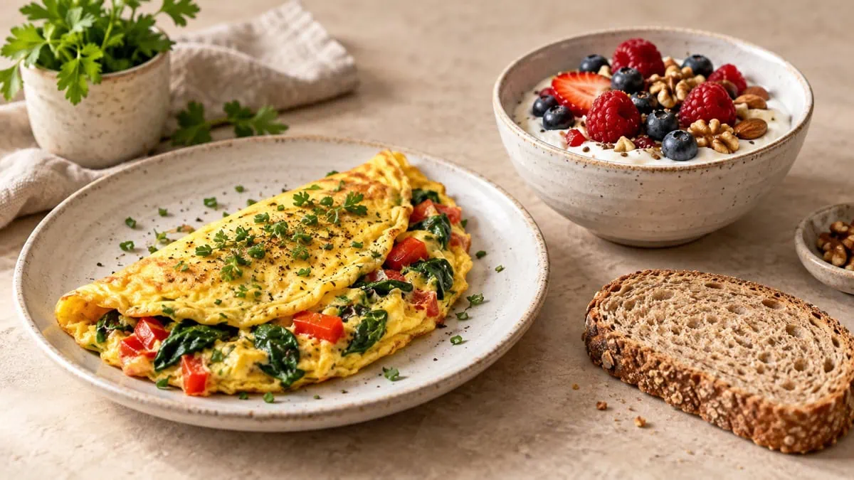 Omelette aux légumes, fromage blanc aux fruits rouges et noix, pain complet