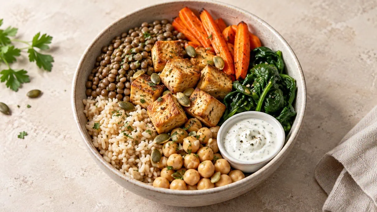 Bol de tofu, lentilles, pois chiches, riz complet et légumes