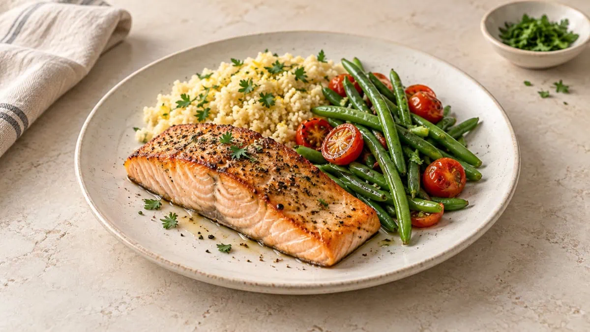 Saumon poêlé avec semoule, haricots verts et tomates préparé rapidement