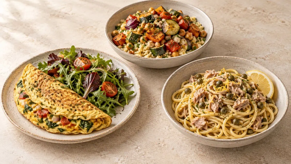 Omelette aux légumes, couscous aux pois chiches et pâtes au thon pour repas rapides