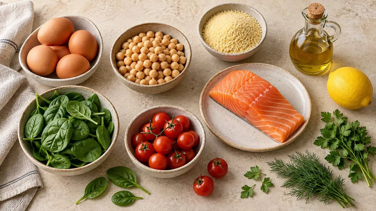 Œufs, pois chiches, semoule, saumon, épinards, tomates, citron et herbes pour repas rapides
