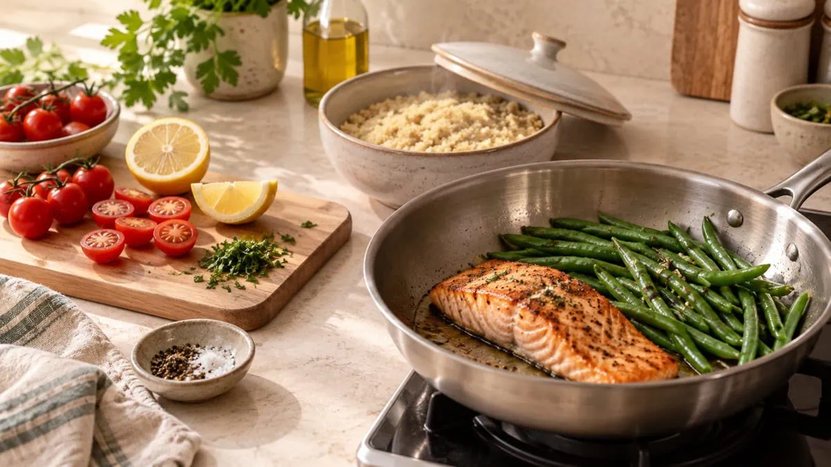 Saumon et haricots verts à la poêle pendant que la semoule gonfle et que les tomates sont préparées