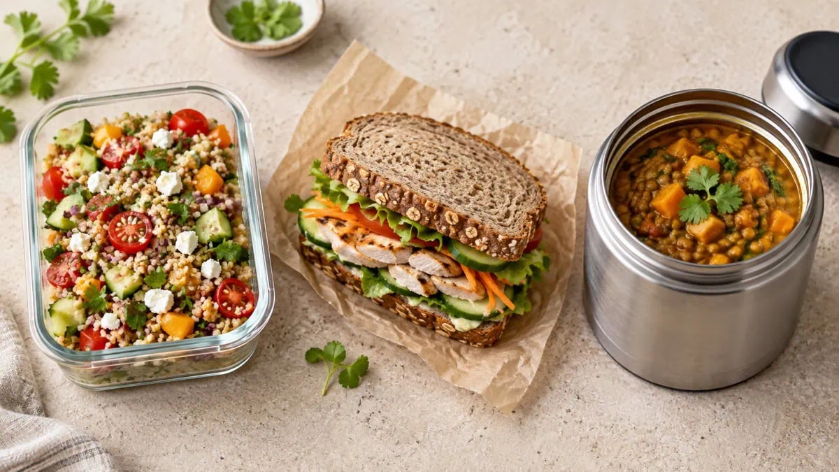 Salade de céréales, sandwich complet et curry de lentilles en récipient isotherme