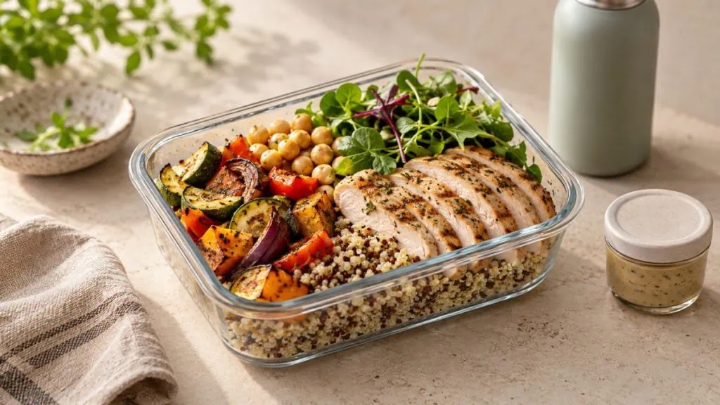 Boîte repas avec quinoa, légumes rôtis, poulet, pois chiches et salade