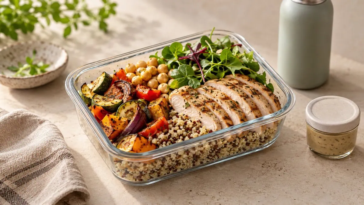 Boîte repas avec quinoa, légumes rôtis, poulet, pois chiches et salade