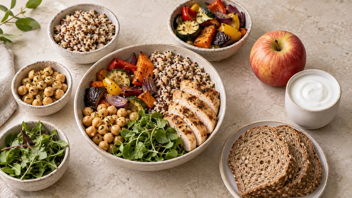 Quinoa, légumes, poulet, pois chiches, salade, pomme, yaourt et pain complet