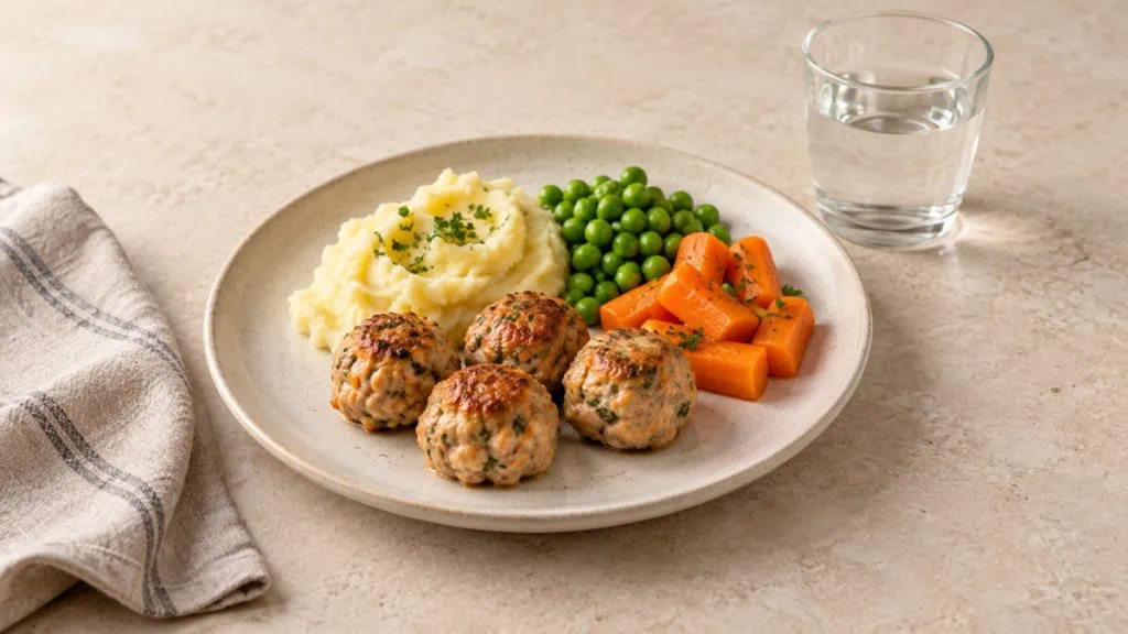 Petite portion de boulettes de poulet et légumes avec purée, petits pois et carottes