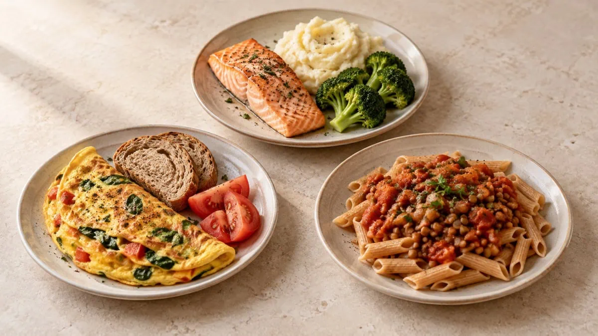 Omelette aux légumes, saumon avec purée et brocoli, et pâtes aux lentilles
