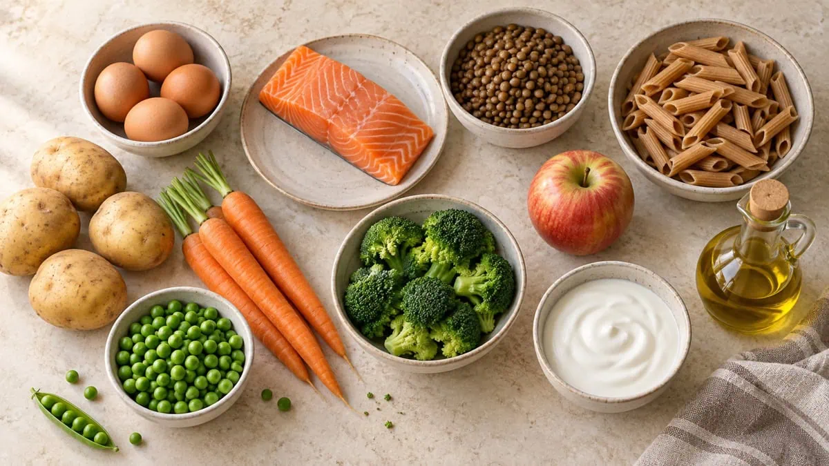 Œufs, saumon, lentilles, pâtes complètes, pommes de terre, légumes, pomme et yaourt