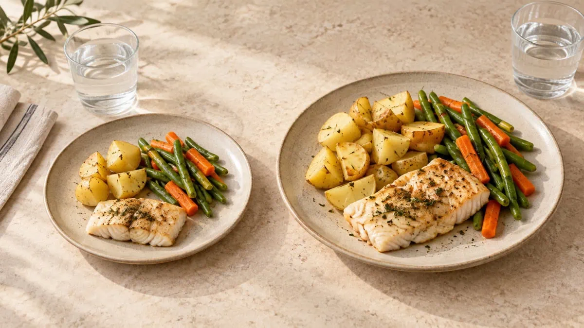 Même repas de poisson, pommes de terre, haricots verts et carottes servi en portion enfant et adulte