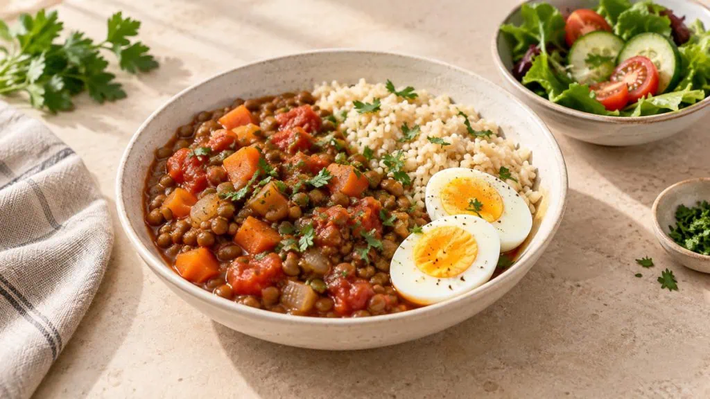 Ragoût de lentilles aux légumes avec riz, œuf dur et salade