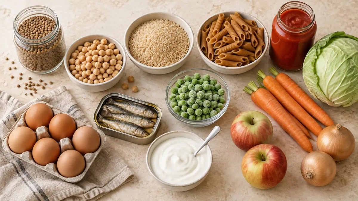 Lentilles, pois chiches, riz, pâtes, œufs, sardines, légumes et fruits économiques