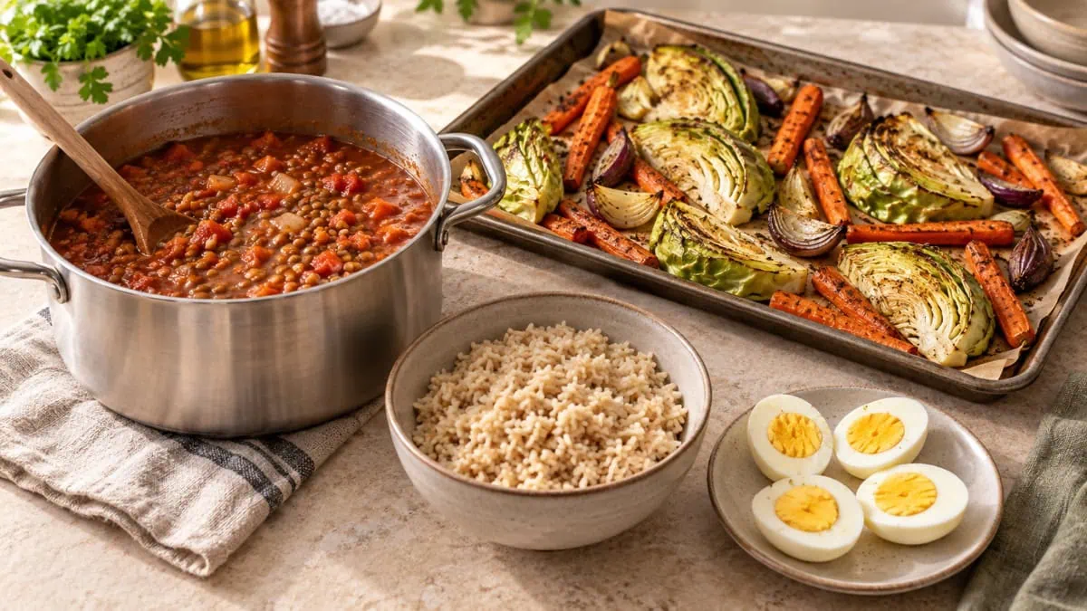 Ragoût de lentilles, riz, œufs durs et légumes rôtis préparés en parallèle