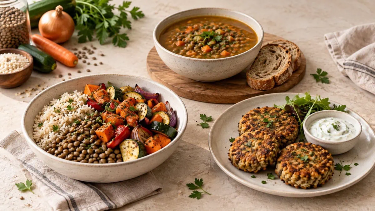 Bol de lentilles et riz, soupe et galettes préparés avec les mêmes ingrédients