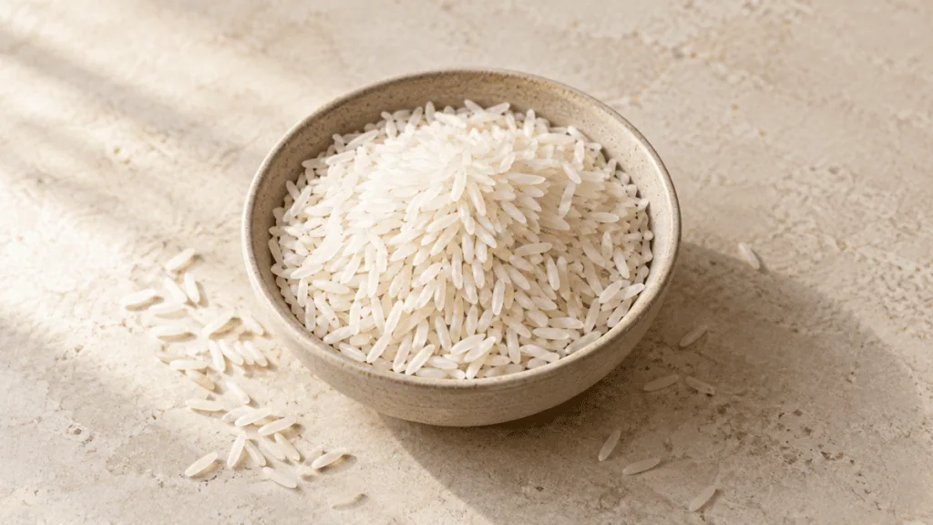 Riz blanc cru dans un bol en grès