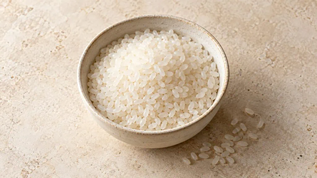 Riz japonais cru à grains courts dans un bol en céramique