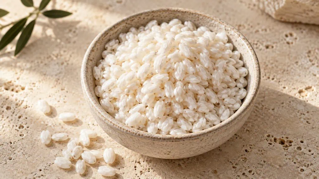 Riz rond cru riche en amidon dans un bol en grès