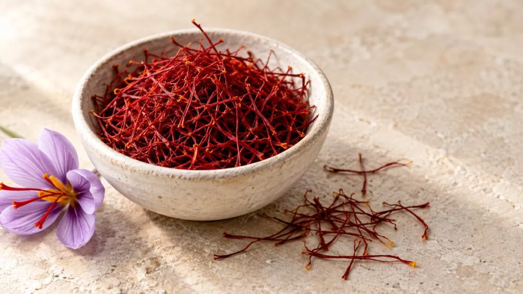 Filaments de safran rouge dans une petite coupelle en grès