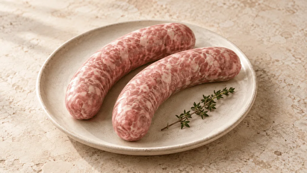 Saucisses de Toulouse crues présentées sur une assiette en grès