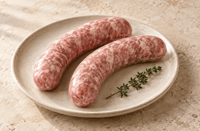 Saucisses de Toulouse crues présentées sur une assiette en grès