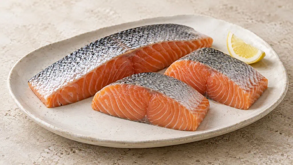 Filet et pavés de saumon cru frais sur une assiette en grès