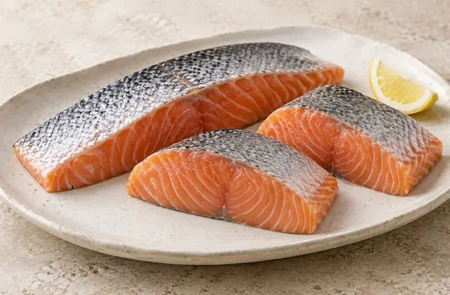Filet et pavés de saumon cru frais sur une assiette en grès