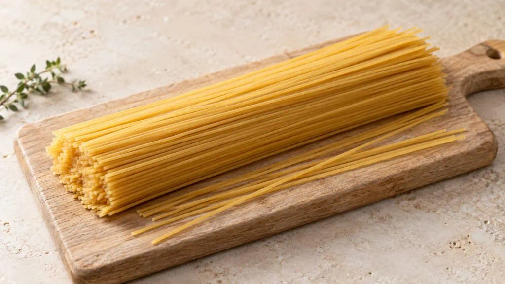 Spaghetti italiens secs sur une planche en bois