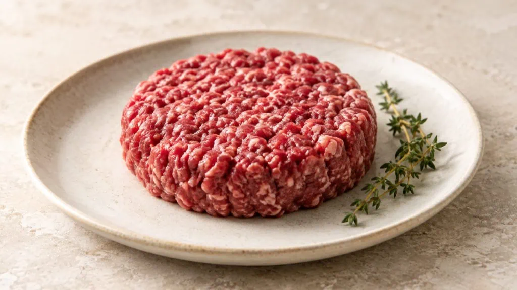 Steak haché de bœuf cru sur une assiette en grès