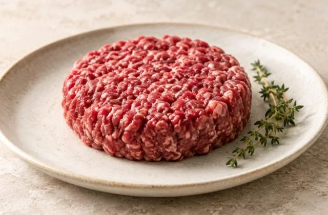 Steak haché de bœuf cru sur une assiette en grès