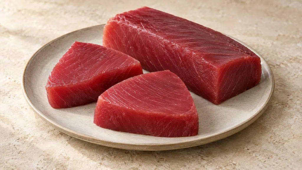 Longe et steaks de thon cru frais sur une assiette en grès