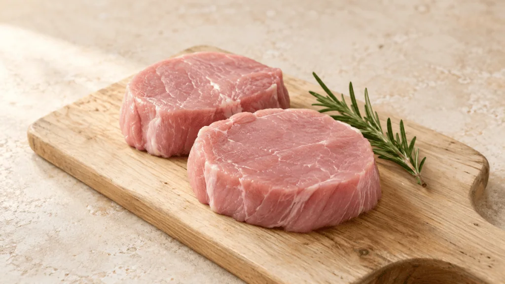 Médaillons de veau crus sur une planche en bois clair