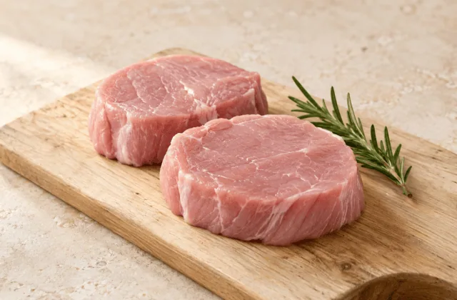 Médaillons de veau crus sur une planche en bois clair