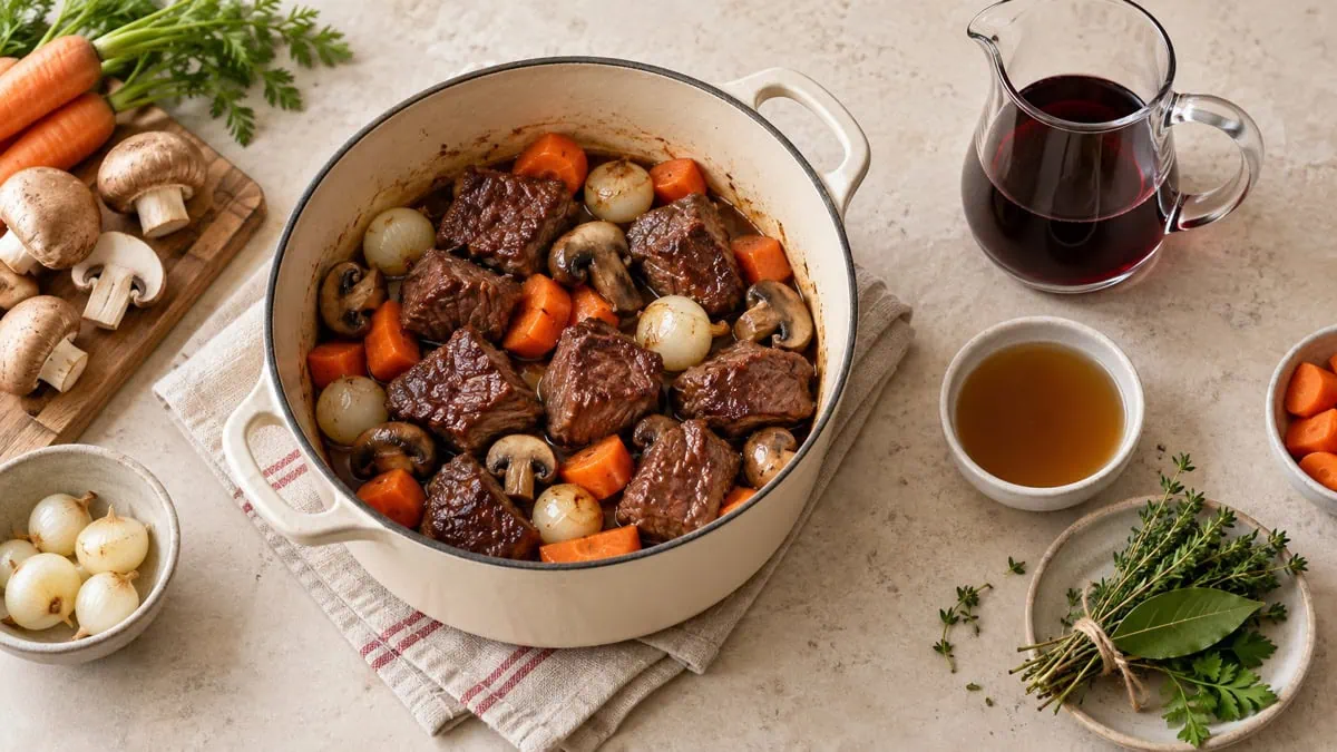 Cocotte de bœuf bourguignon avec vin rouge bouillon légumes et bouquet garni