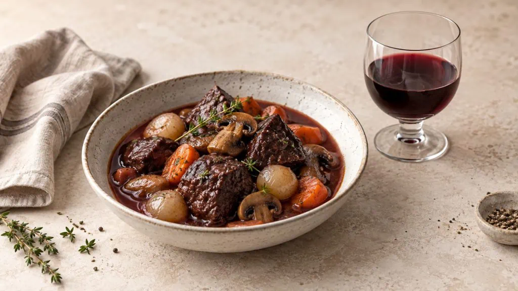 Bœuf bourguignon traditionnel accompagné d’un petit verre de vin rouge