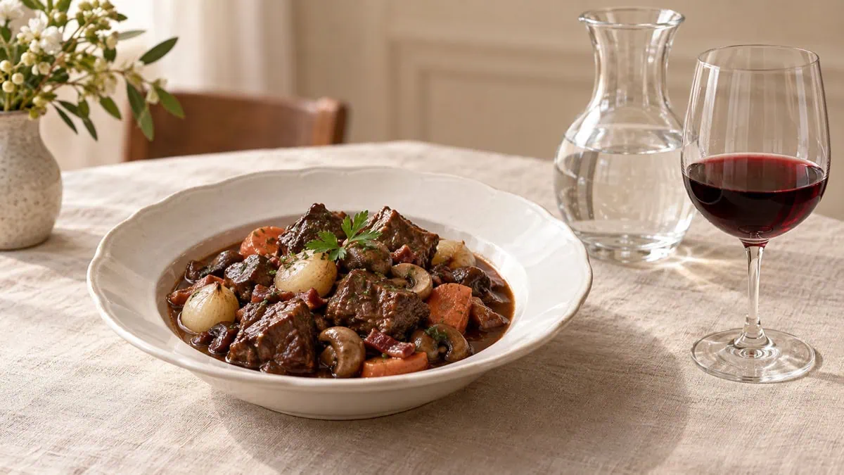Bœuf bourguignon servi avec un petit verre de vin rouge et une carafe d’eau
