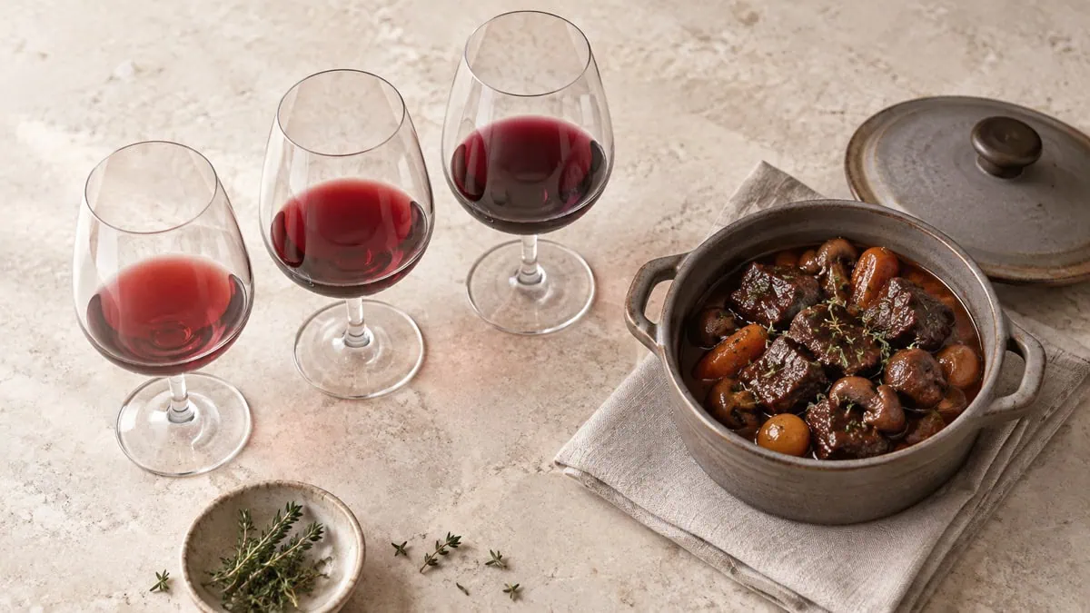 Trois styles de vins rouges fruités servis en petites quantités avec un bœuf bourguignon