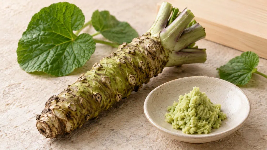 Rhizome de wasabi frais et wasabi râpé dans une coupelle