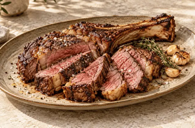 Côte de bœuf grillée et tranchée, cuisson rosée