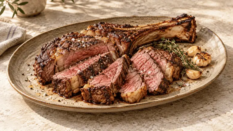 Côte de bœuf grillée et tranchée, cuisson rosée