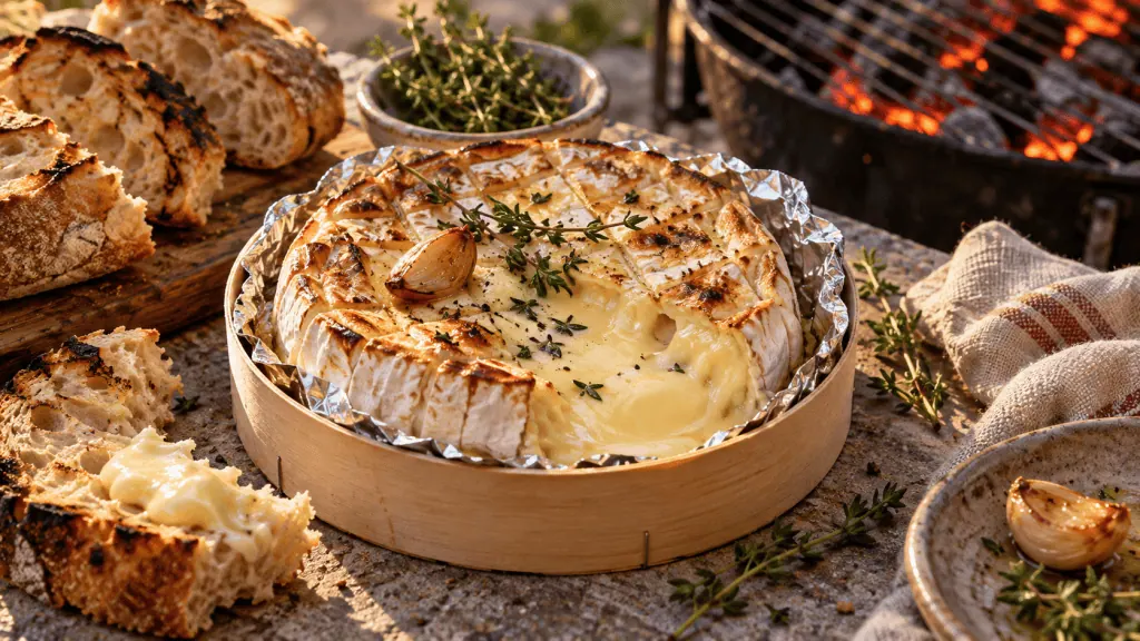 Camembert à la braise fondant servi avec du pain grillé