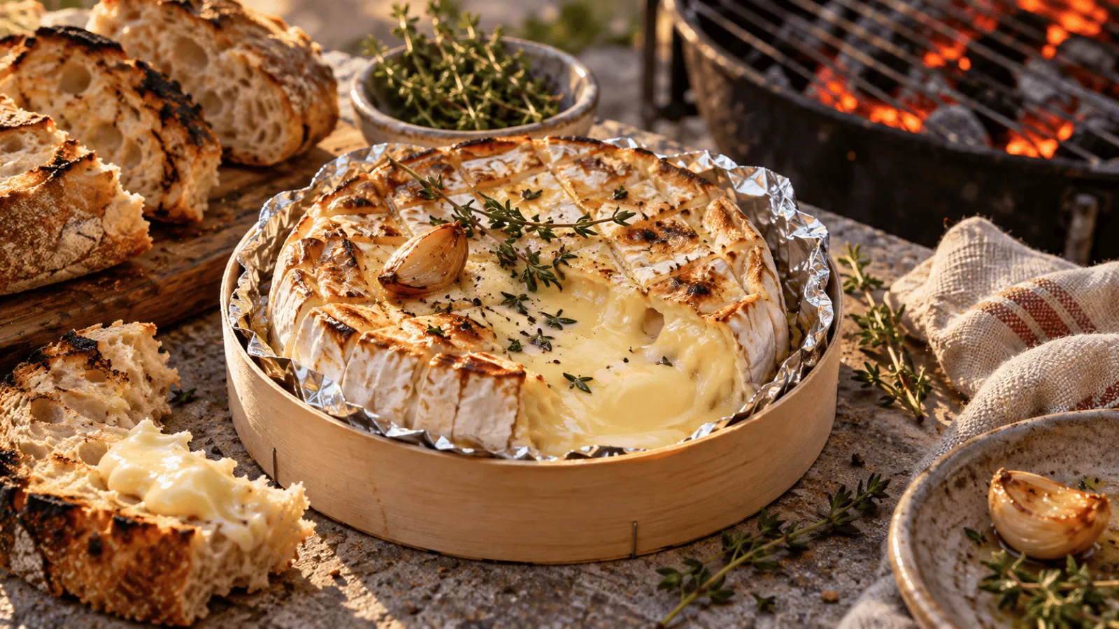 Camembert à la braise fondant servi avec du pain grillé