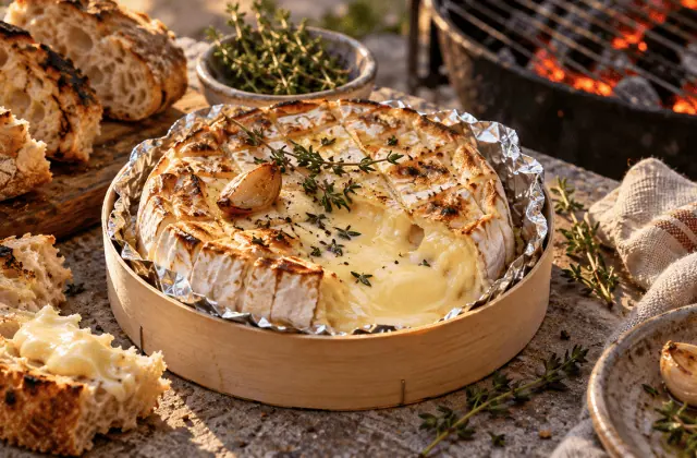 Camembert à la braise fondant servi avec du pain grillé
